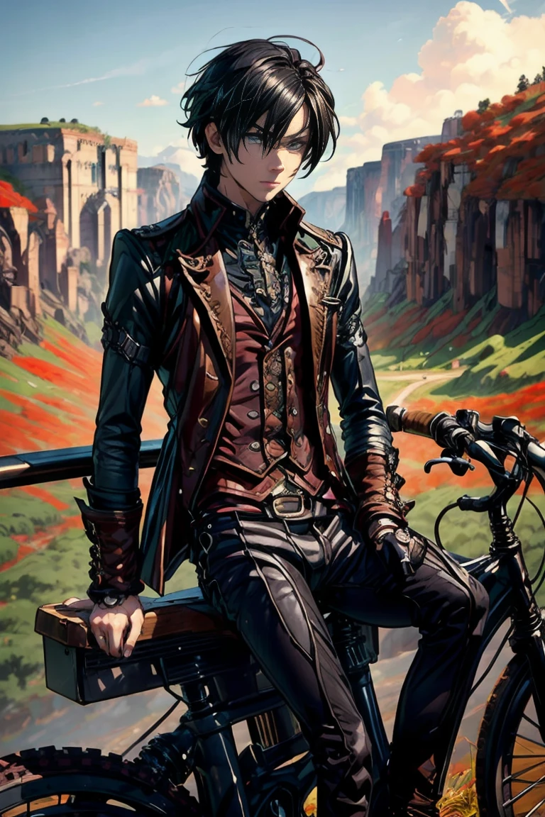 masterpiece, best quality, detailed, (1boy), handsome, toned physique, black hair, short hair, black attire, steampunk, gothic, green eyes, mechanical vehicle, meadows, sundown, beautiful scenery, peaceful, sitting on a steampunk bike, smoking, 3D Western Anime Style,