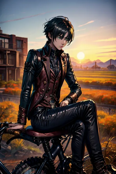 masterpiece, best quality, detailed, (1boy), handsome, toned physique, black hair, short hair, black attire, steampunk, gothic, ...