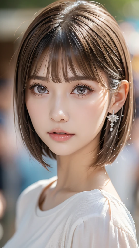 (best quality, masterpiece), 1girl, beautiful girl, brown_eyes, ((hair color [Silver hair], [pixie cut with bangs] hair)), earrings, lips, short sleeves,realistic, narrow waist, charming, colorful makeup, long eyelashes, fair skin, (cute), (detailed face), detailed eyes, detailed iris, 