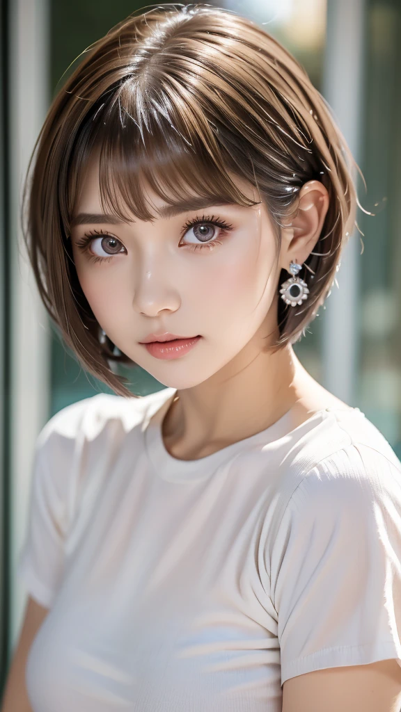 (best quality, masterpiece), 1girl, beautiful girl, brown_eyes, ((hair color [Silver hair], [pixie cut with bangs] hair)), earrings, lips, short sleeves,realistic, narrow waist, charming, colorful makeup, long eyelashes, fair skin, (cute), (detailed face), detailed eyes, detailed iris, 