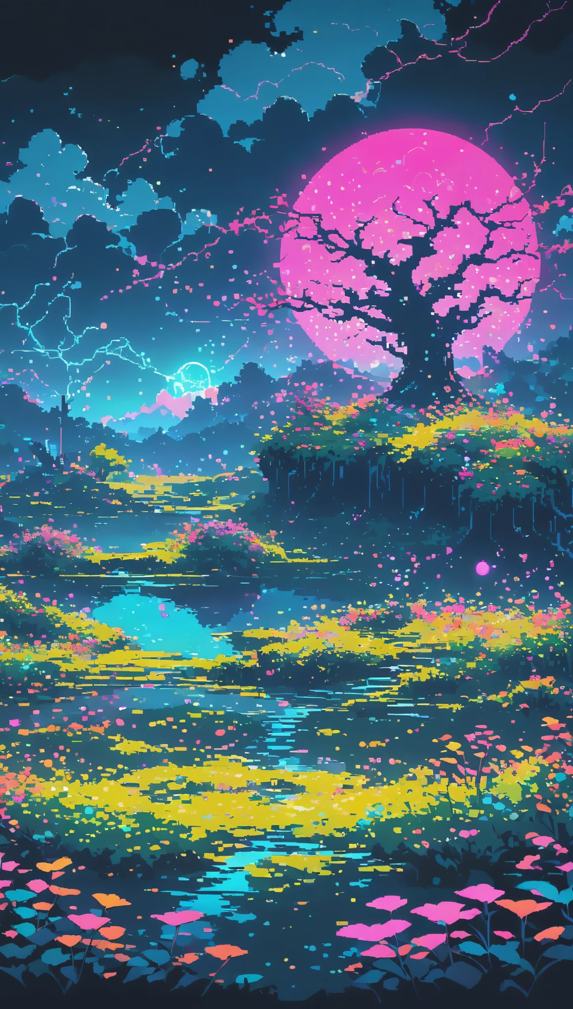 dark neon Magical Witch pixel ,nature ultrawide landscape, No people