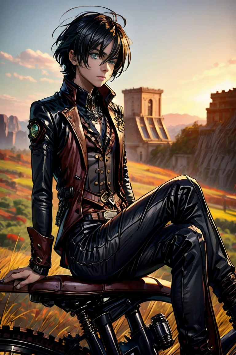 masterpiece, best quality, detailed, (1boy), handsome, toned physique, black hair, short hair, black attire, steampunk, gothic, green eyes, mechanical vehicle, meadows, sundown, beautiful scenery, peaceful, sitting on a steampunk bike, smoking, 3D Western Anime Style,