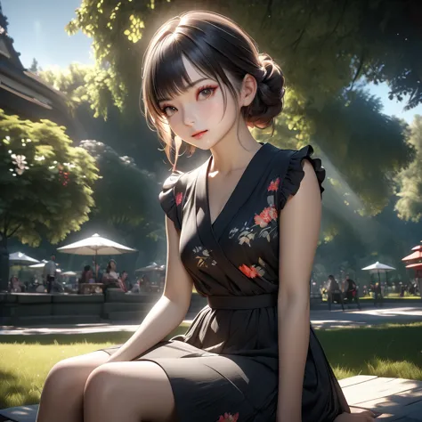 a beautiful japanese girl in a black summer dress, sitting in a park, professional lighting, photon mapping, radiosity, extremel...