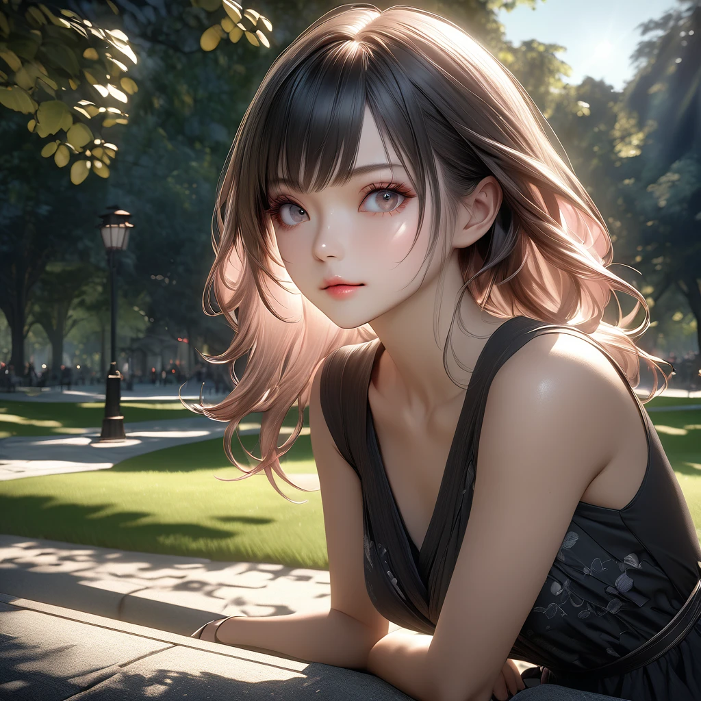 a beautiful japanese girl in a black summer dress, sitting in a park, professional lighting, photon mapping, radiosity, extremely detailed, best quality, 8k, raw photography, masterpiece, realistic, photorealistic, vivid colors, natural lighting, detailed facial features, long eyelashes, delicate skin, elegant posture