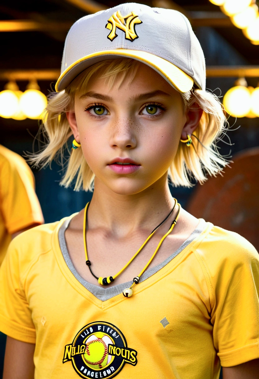 Stunning and intricate full-color knee-length portrait, Ultra -HD., twelve-year-old girl, detailed face, short blond hair, light gray eyes, hoop earrings, in a yellow baseball cap, epic character composition, pierced navel ,skinny, protruding collarbones , Sharp Focus, The lighting is natural, Underground dispersion, f2, 35 mm