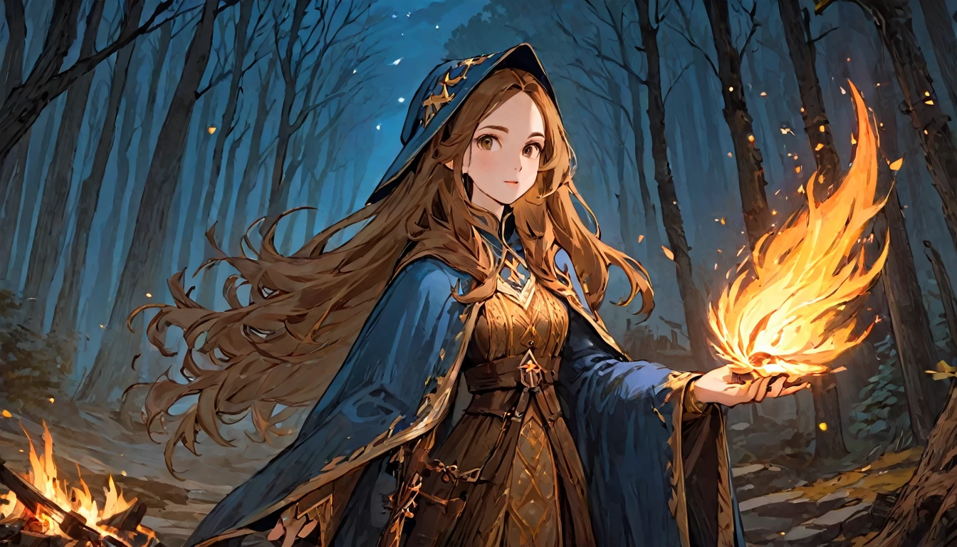 An beautiful wizard woman,full body, Game Art Style, (masterpiece), highest quality, High resolution, 4k, 8K, Detail view, intricate details, cinematic lighting, amazing quality, wizard,golden brown long hair, great shading, soft lighting, Face-to-face camera, perfect eyes,ancient ruins,Bonfire,night forest 