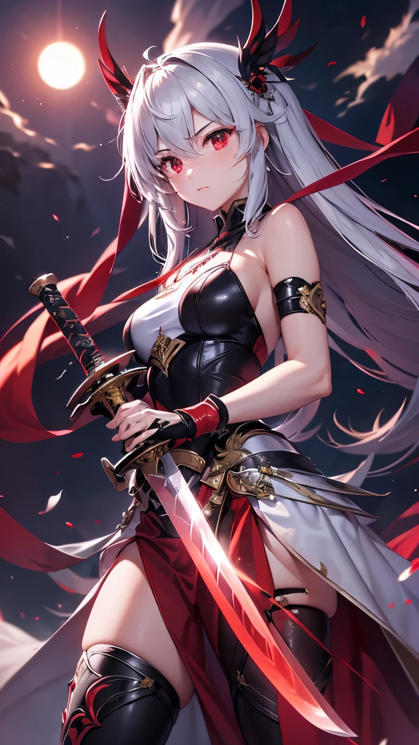 red eyes, Holding a sword with both hands、A gorgeous sword、