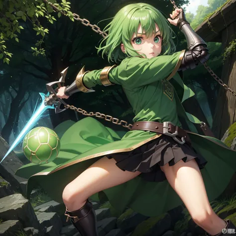 最high quality、high quality、simple green cloth armor、１０year-old girl adventurer、equipped with a weapon that has a short chain at ...