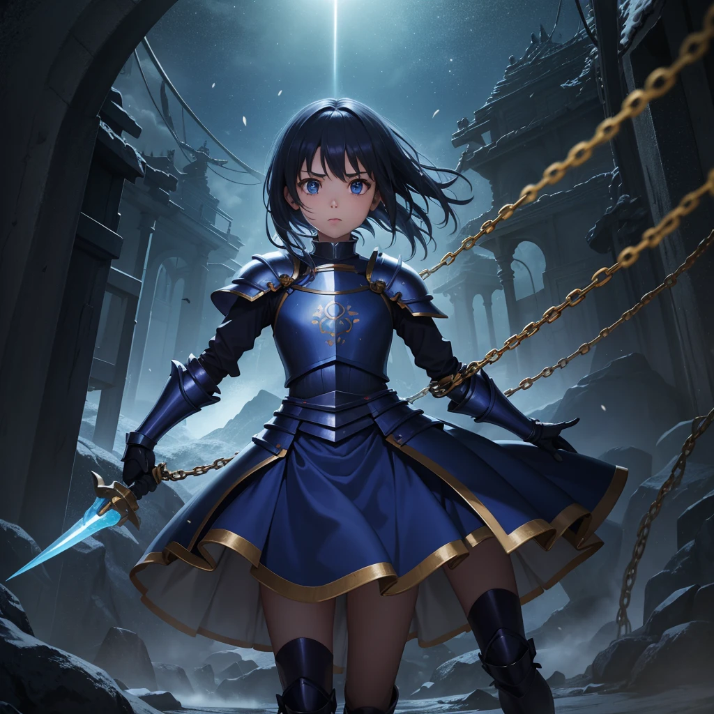 最high quality、high quality、Simple blue cloth armor、１０Year-old girl adventurer、Equipped with a weapon that has a short chain at the end of a stick and a spiked iron ball at the end of the chain、In a dark maze、