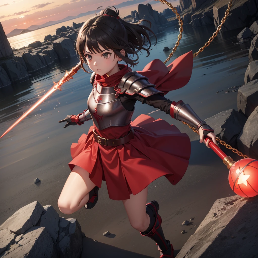 最high quality、high quality、Simple red cloth armor、１０Year-old girl adventurer、Equipped with a weapon that has a short chain at the end of a stick and a spiked iron ball at the end of the chain、In a dark maze、