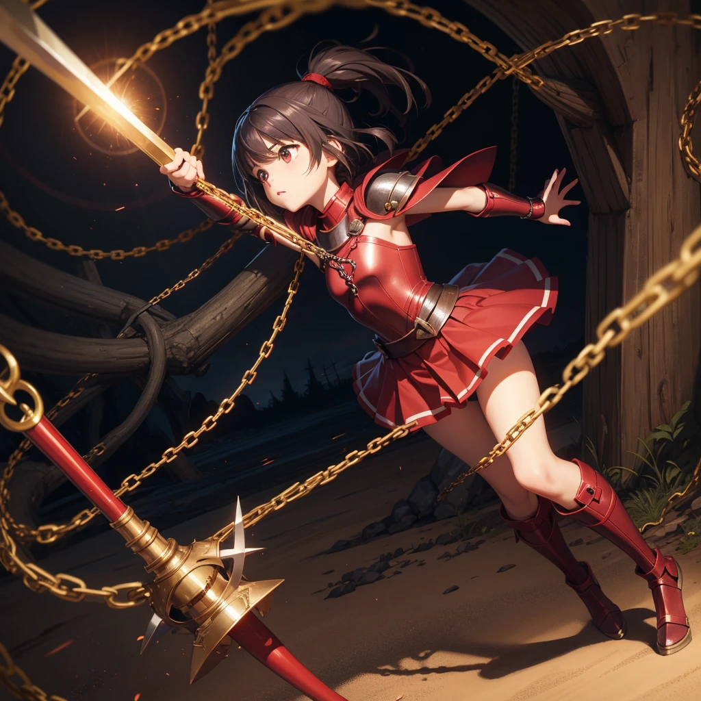 最high quality、high quality、Simple red cloth armor、１０Year-old girl adventurer、Equipped with a weapon that has a short chain at the end of a stick and a spiked iron ball at the end of the chain、In a dark maze、