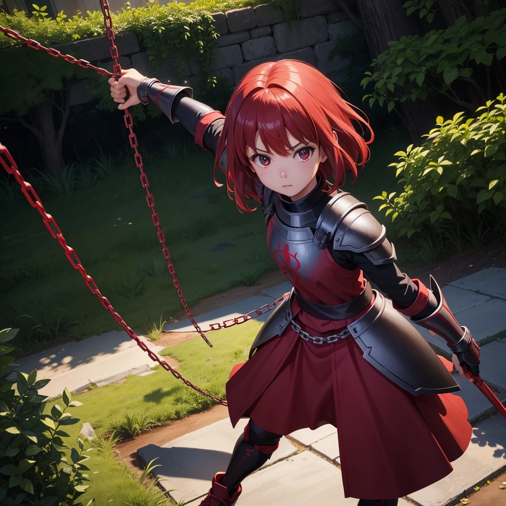 最high quality、high quality、Simple red cloth armor、１０Year-old girl adventurer、Equipped with a weapon that has a short chain at the end of a stick and a spiked iron ball at the end of the chain、In a dark maze、