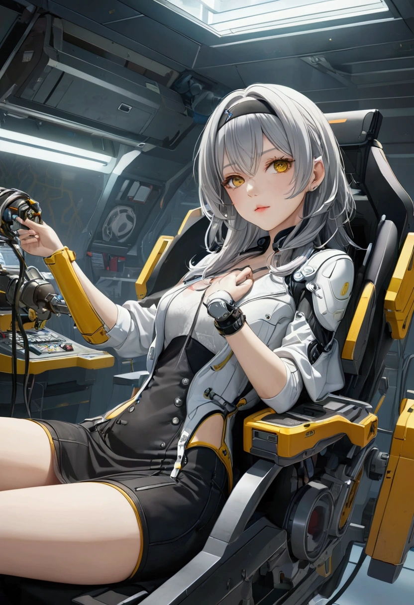 score_9, score_8_upper, score_7_upper,(masterpiece, Highest quality, Highest quality, Official Art, beautifull, beautiful:1.2,Ray Tracing)Very detailed,  Most detailed, High resolution, Impressive visuals, Vibrant colors ,Detailed Images,Cyborg Girl,anime,Official Art, Sitting in a machine chair, The tube is stretched, sf, Cracked skin,Hydraulic cylinder,Servomotor,Manipulator,Colorful light,neon,headphone,Prosthetic arm,sf,Ball joints,Clean and spacious laboratory,Silver Hair,hair band,Jacket,White flower,firefly