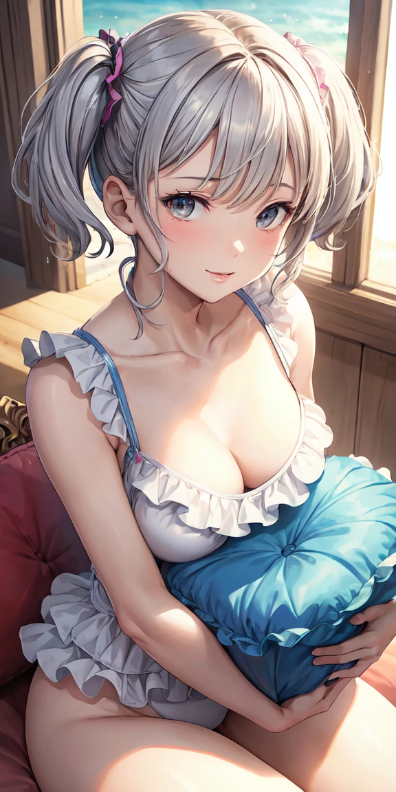 (masterpiece, Highest quality), Small breasts, Cleavage, Ruffled swimsuit, Gray Hair,Twin tails, short hair, Sit on a cushion , (Suggestive:1.2), (smile:0.7), Upper Body