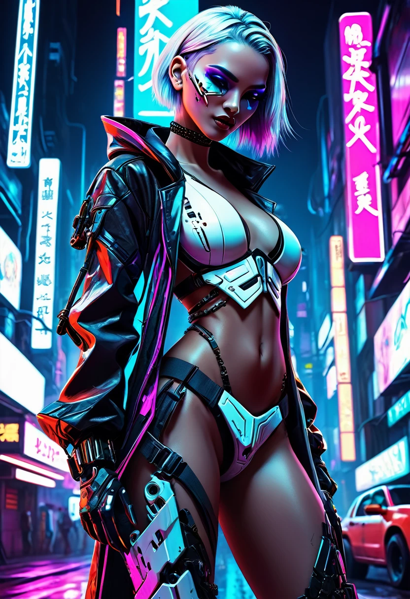 a high quality digital illustration of "White Reaper, HarlequinPunk, Jaehra, panjang penuh" in a cyberpunk style, futuristic, vibrant colors, detailed character design, dynamic poses, neon lights, urban setting, stylized artwork, 4k resolution