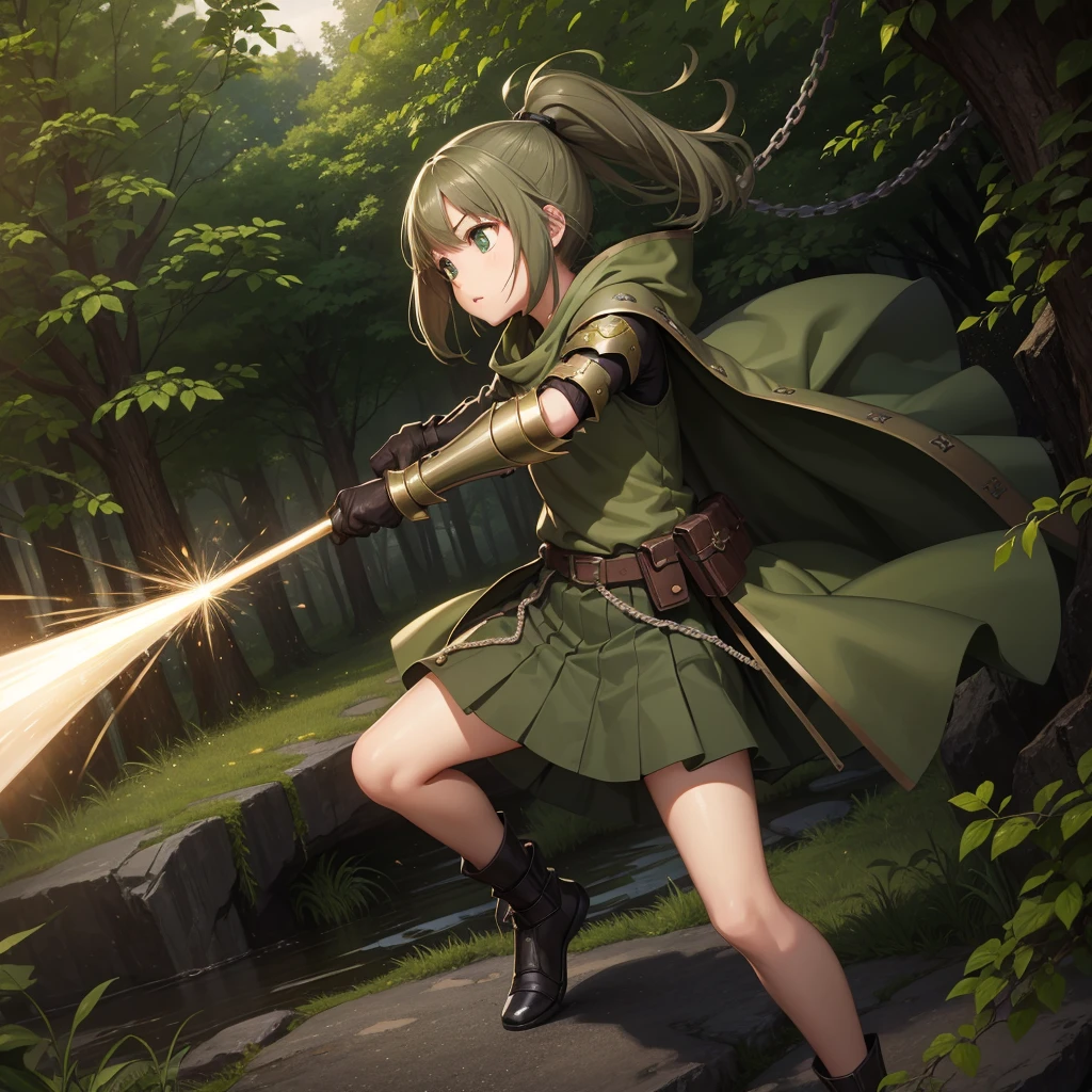 最high quality、high quality、Simple khaki green cloth armor、１０Year-old girl adventurer、Equipped with a weapon that has a short chain at the end of a stick and a spiked iron ball at the end of the chain、In a dark maze、