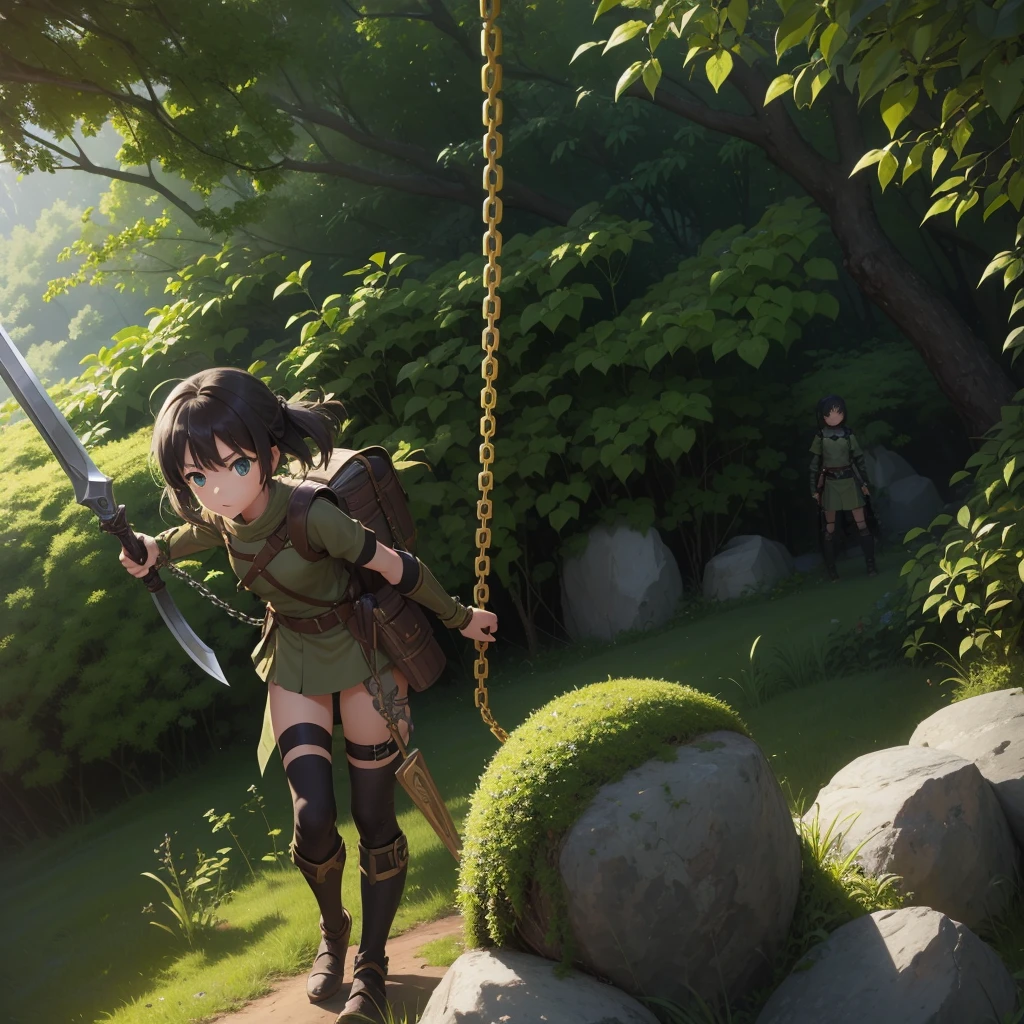 最high quality、high quality、Simple khaki green cloth armor、１０Year-old girl adventurer、Equipped with a weapon that has a short chain at the end of a stick and a spiked iron ball at the end of the chain、In a dark maze、