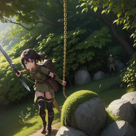 最high quality、high quality、simple khaki green cloth armor、１０year-old girl adventurer、equipped with a weapon that has a short cha...