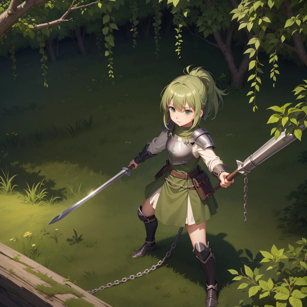 最high quality、high quality、Simple khaki green cloth armor、１０Year-old girl adventurer、Equipped with a weapon that has a short chain at the end of a stick and a spiked iron ball at the end of the chain、In a dark maze、