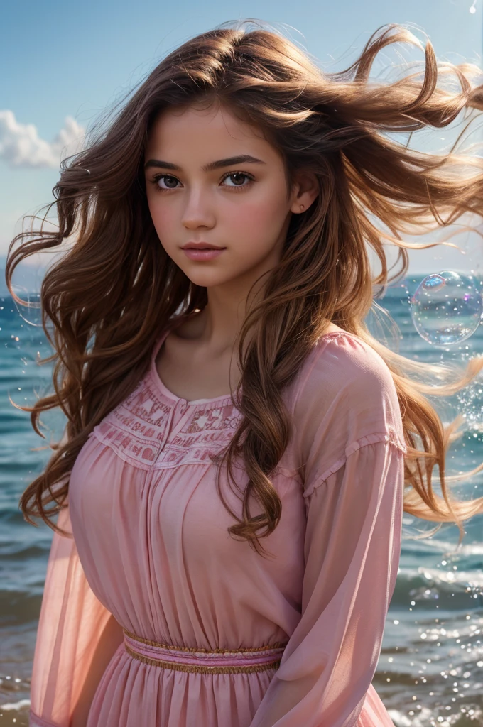 Create an image of a young woman with curly brown hair wearing a flowing, translucent pink blouse. She is surrounded by floating soap bubbles that catch the sunlight, creating iridescent reflections. The background features a vibrant red fabric that waves gently in the wind against a clear blue sky, adding a dramatic and artistic effect to the scene. The lighting is soft and warm, highlighting her natural beauty and the ethereal atmosphere, in HD for 4K.