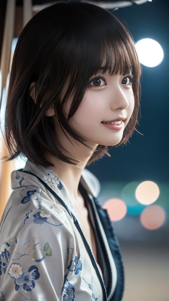 ((masterpiece, Highest quality, High resolution)), Japanese high school girl、(Realistic: 1.4), smile、Great face,Glossy lips、, Silver short hair, (Beautiful Hair:1.5), Japanese patterned yukata、Long sleeve、Cleavage、Floral hair ornament、Beautiful legs、Yukita、On the Beach、Fireworks at night、Looking up at the fireworks、Side angle, Smooth, Highly detailed CG composite 8K wallpaper, High resolutionのRAWカラー写真, Professional photography, Light, BackLight, impressive, Written boundary depth, (Face close-up:1.4)