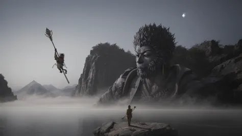 wukong \(black myth\) standing on a huge rock, looking at the huge buddha statue made of water，swinging the golden cudgel，jump u...