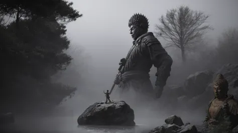 wukong \(black myth\) standing on a huge rock, looking at the huge buddha statue made of water，swinging the golden cudgel，jump u...