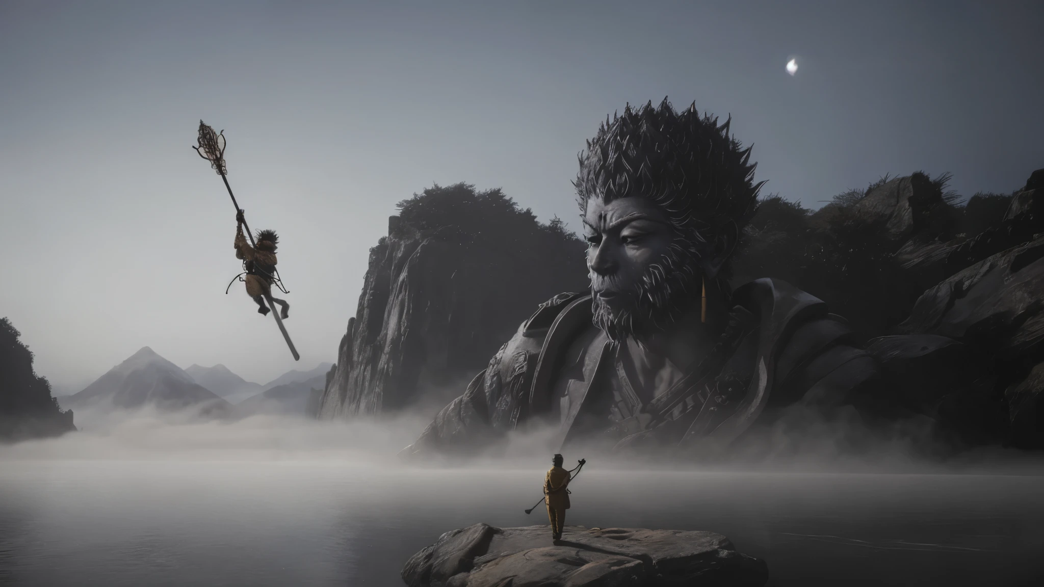 wukong \(black myth\) Standing on a huge rock, looking at the huge Buddha statue made of water，Swinging the Golden Cudgel，Jump up handsomely，After all the hardships，Stand in front of the Buddha statue，Sense of giants，Movie Feel，Lake fog，Perfect composition，close up，Shock