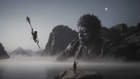 wukong \(black myth\) standing on a huge rock, looking at the huge buddha statue made of water，swinging the golden cudgel，jump u...