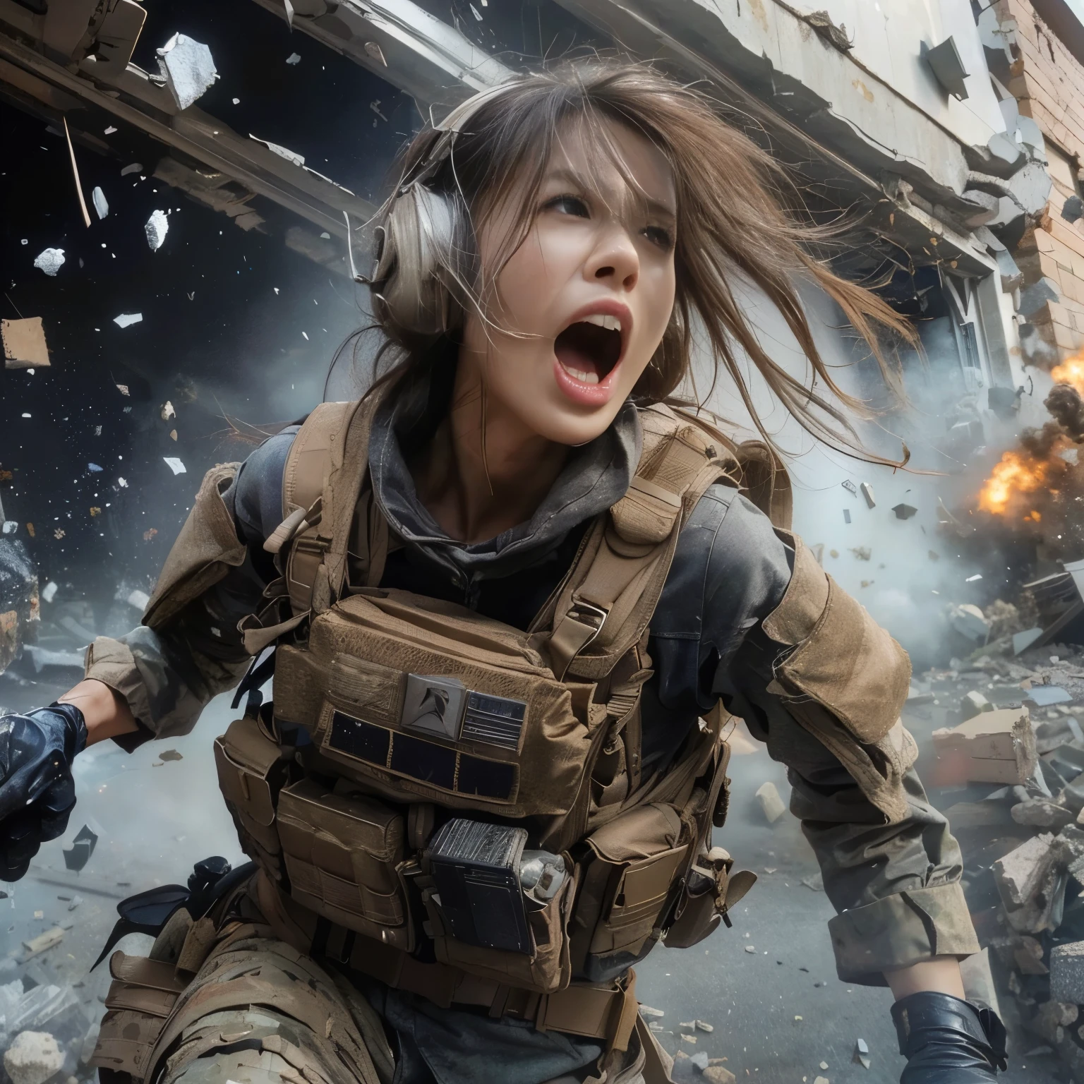 8k, Realistic photos, Realistic skin texture, Beautiful Japanese women serving in the US military、Outside the building、explosion、Nick、Wall full of rubble、They are yelling for immediate evacuation..、Automatic rifle、Bulletproof vest、Back back、boots、Covered in scars、Stern expression、Dynamic pose、Innovative Configuration、Dust is flying、fiction