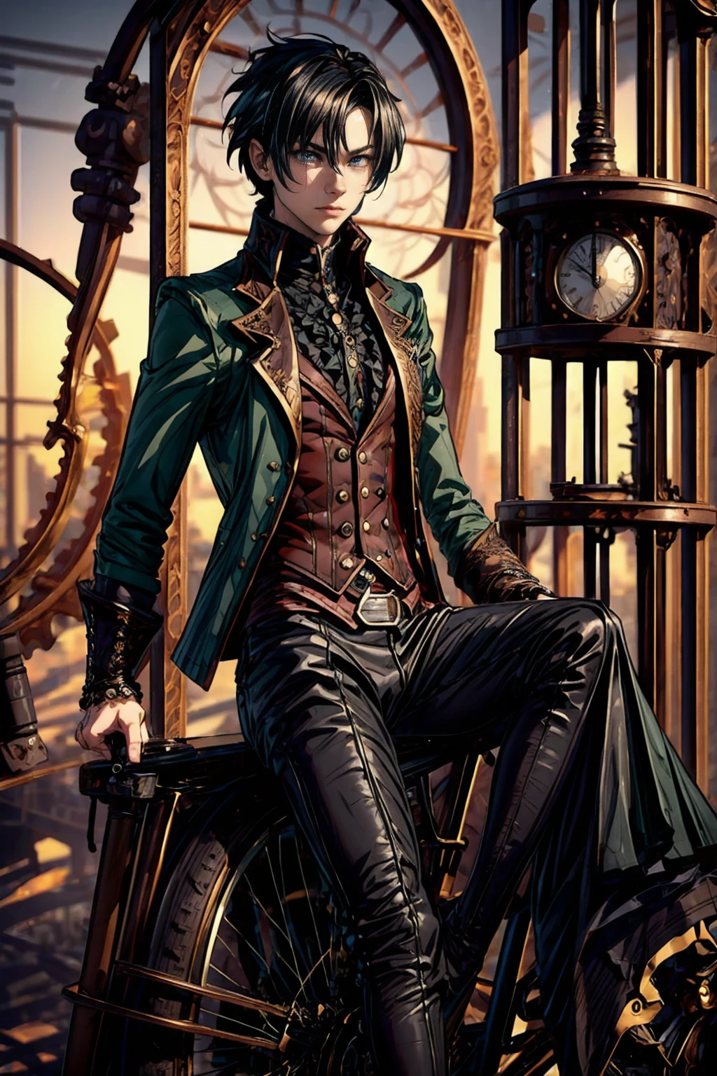 masterpiece, best quality, detailed, (1boy), handsome, toned physique, black hair, short hair, black attire, steampunk, gothic, green eyes, mechanical vehicle, meadows, sundown, beautiful scenery, peaceful, sitting on a steampunk bike, smoking, 3D Western Anime Style,