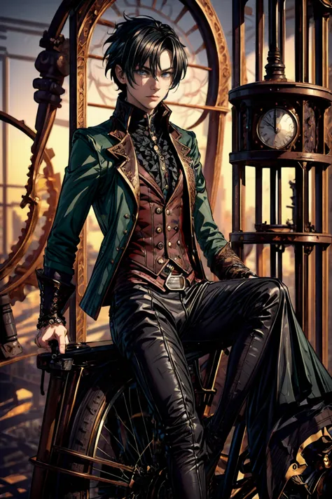 masterpiece, best quality, detailed, (1boy), handsome, toned physique, black hair, short hair, black attire, steampunk, gothic, ...