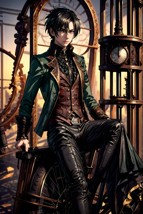 masterpiece, best quality, detailed, (1boy), handsome, toned physique, black hair, short hair, black attire, steampunk, gothic, ...