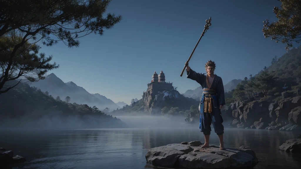 wukong \(black myth\) Standing on a huge rock and looking at the huge Buddha statue formed by water，Swinging the Golden Cudgel，After all the hardships，Stand in front of the Buddha statue，Sense of giants，Movie Feel，Lake fog，Perfect composition，close up，Shock