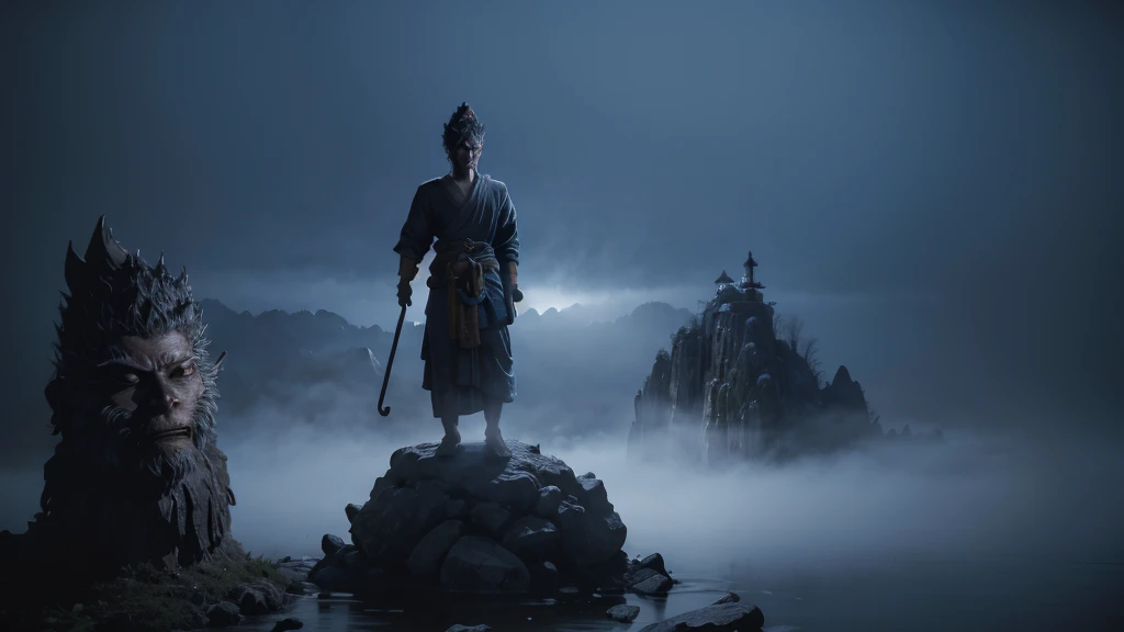 wukong \(black myth\) Standing on a huge rock and looking at the huge Buddha statue formed by water，Swinging the Golden Cudgel，After all the hardships，Stand in front of the Buddha statue，Sense of giants，Movie Feel，Lake fog，Perfect composition，close up，Shock