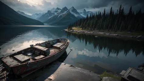 ellie from the last of us, alone in the mountains, overlooking a large lake, post-apocalyptic landscape, wrecked and rusted boat...