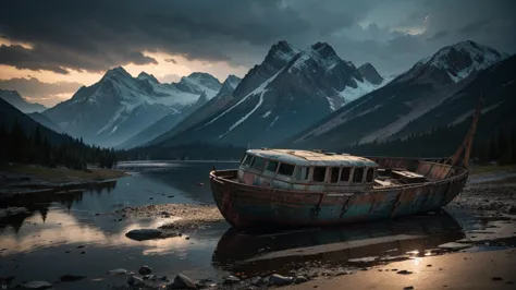 ellie from the last of us, alone in the mountains, overlooking a large lake, post-apocalyptic landscape, wrecked and rusted boat...