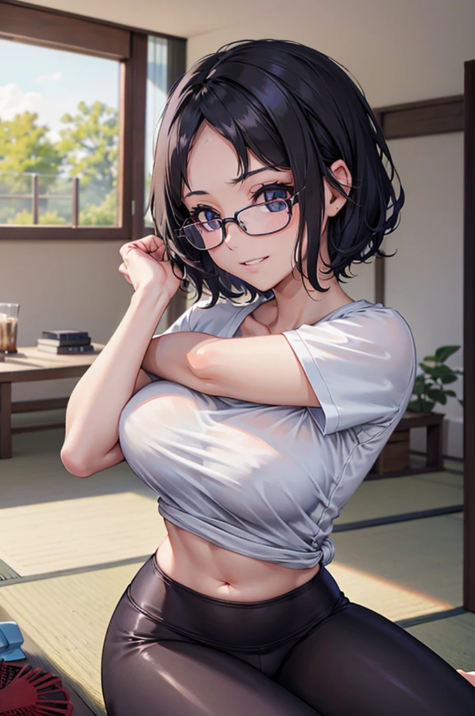 sfw,RAWphoto,photorealistic,8k16k,best quality,perfect anatomy,perfect detailed,ultra highres, extremely detailed eyes and face,gleaming skin,shiny skin,1girl,Japanese,black short hair,pixie cut,parted bangs,forehead,eyewear,round face,medium breasts,chubby,thick thigh,huge hip,wearing T-shirt,half yoga pants,living room,stretch,smile,clenched teeth