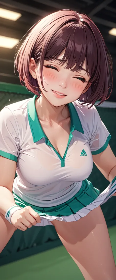 woman,2,,tennis uniform,short hair,,mansuji, ,,i can see your underwear,whole body ezbian, (close-up shot, highest quality, high...