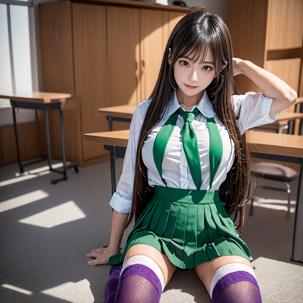 (High resolution),(High resolution),(High resolution),(8k), One girl, Yoshizuki_Iori、School_uniform_purple_shirt_green_skirt_white_neckerchief_black_Knee socks、In a high school classroom, Lying on the floor, Spread your legs, shirts lift, Show off your breasts, Spread your legs, 
