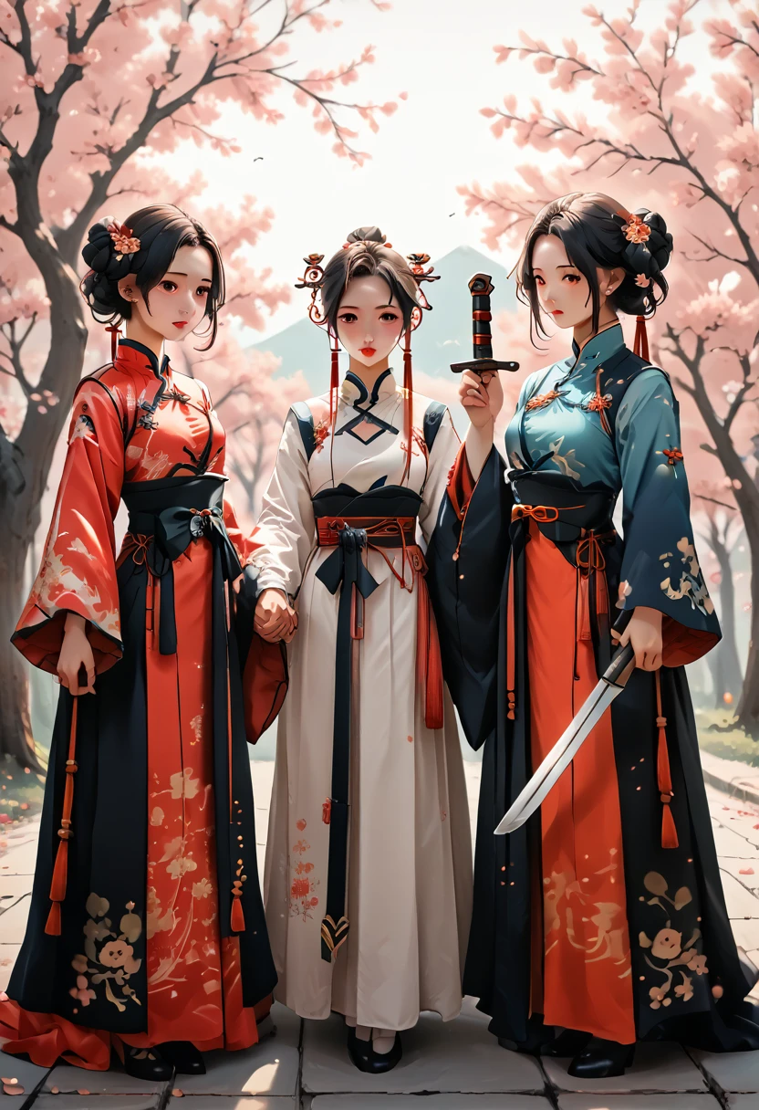 best quality, masterpiece, highres,3girls,Beautiful face,full body,chinese clothes,white Taoist robes,right hand hold sword with (Gorgeous ornamentation),peach trees,