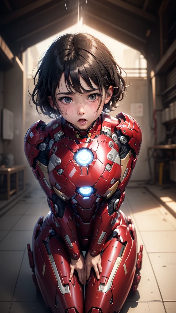 Highest quality　8k Iron Man suit girl　Elementary school girl　Sweaty face　cute　short hair　boyish　Steam coming from the head　My hair is wet with sweat　Black hair feel　Full body portrait　Ecstatic expression　Drooling dripping from the mouth　look up　bare hands　Constraints　((Spread your legs wide)) I can see the vagina　Front view