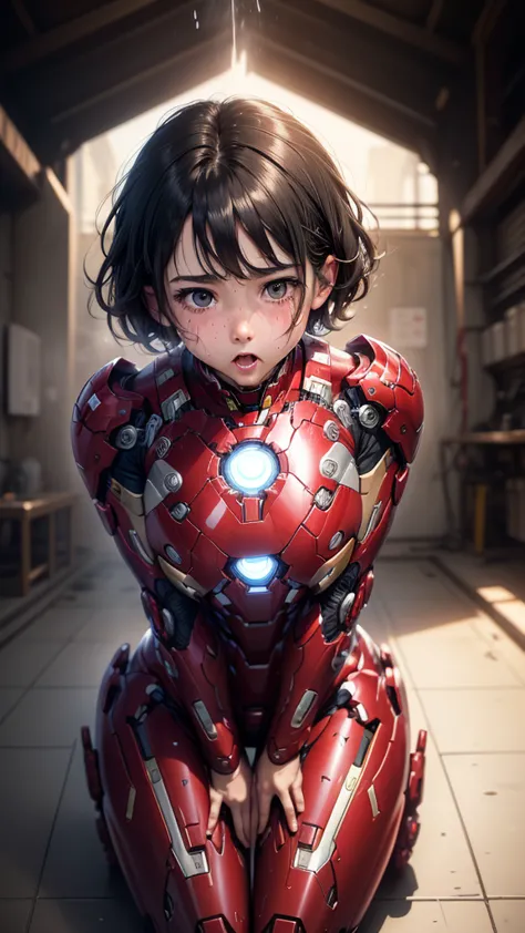 highest quality　8k iron man suit girl　elementary school girl　sweaty face　cute　short hair　boyish　steam coming from the head　my ha...