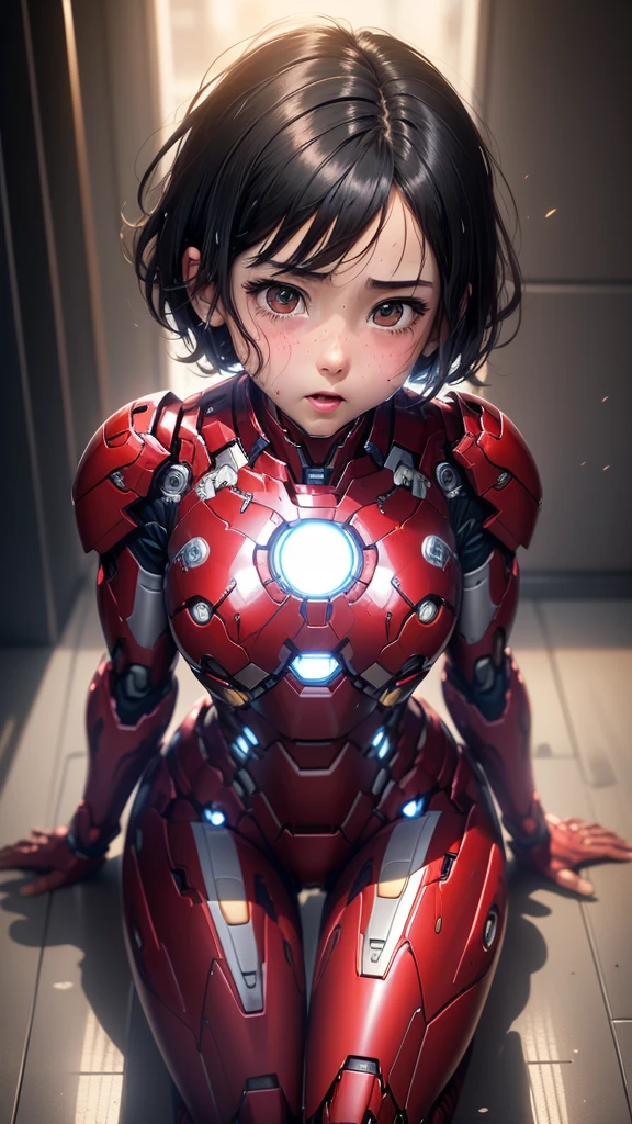 Highest quality　8k Iron Man suit girl　Elementary school girl　Sweaty face　cute　short hair　boyish　Steam coming from the head　My hair is wet with sweat　Black hair feel　Full body portrait　Ecstatic expression　Drooling dripping from the mouth　look up　bare hands　Constraints　((Spread your legs wide)) I can see the vagina　Front view