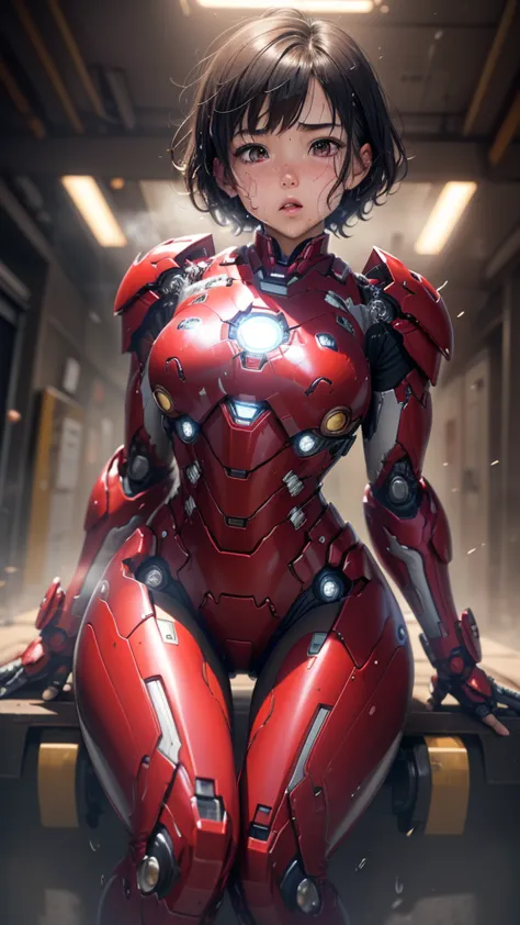 highest quality　8k iron man suit girl　elementary school girl　sweaty face　cute　short hair　boyish　steam coming from the head　my ha...