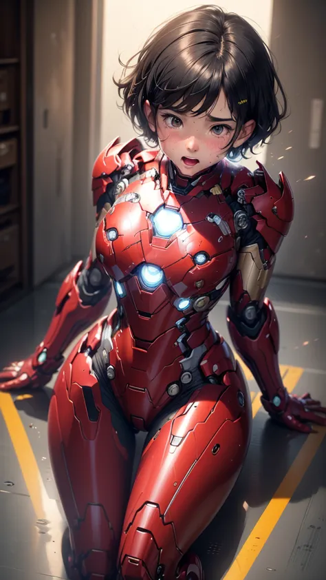 highest quality　8k iron man suit girl　elementary school girl　sweaty face　cute　short hair　boyish　steam coming from the head　my ha...