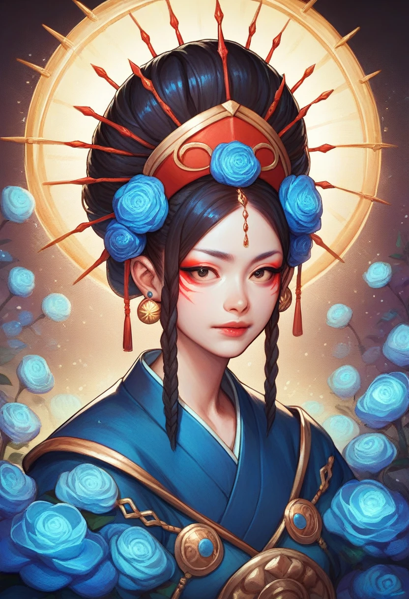 A young Asian woman with dark hair and red makeup, wearing an ornate headdress and a blue and gold kimono-style garment, set against a dark, mystical background with glowing flowers and sparkling effects