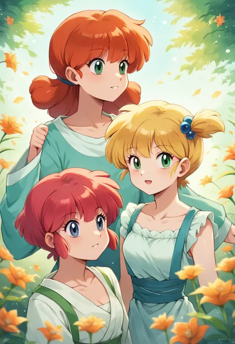 (misty_pokemon)
(berry short,orange hair,one side up hair,big green eyes,small breasts,skinny) with your three sisters in a beau...