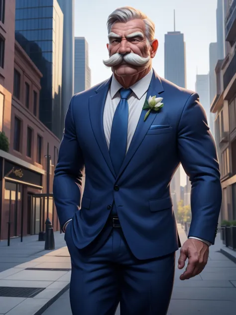 a muscular old man with a thick mustache and beardless, no beards, wearing a suit, necktie, standing in a city background, (best...