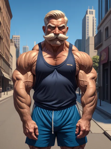 a muscular old man with a thick mustache and beardless, no beards, wearing a tanktop, muscular, standing in a city background, (...